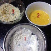 按照顺序，把鸡肉先裹面粉，再泡蛋液，再滚面包糠。
