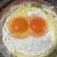 碗中加入鸡蛋和面粉（100g），加一点水拌匀。（Ps：甜饼只需加如面粉（100g）、水、白糖）