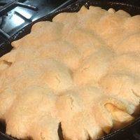 撒肉桂糖粉， 把Pie Crust铺到苹果上！入烤箱350度F， 烤直金花色， 约40-50分钟！