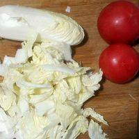 用炖牛肉的时间把大白菜掰成小块洗净，西红柿洗干净切块备用。