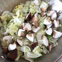 将菜放入锅内，香菇放上边，撒点盐，煮五六分钟