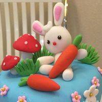 在第二个蛋糕胚烤制的时候，我们可以用来装饰心型蛋糕，将做好的兔子，蘑菇和草丛用牙签固定在蛋糕上。