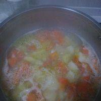 土豆，胡萝卜，洗净切块，锅中加入油煸炒，加入水没于土豆胡萝卜。