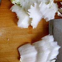 白菜，圆白菜的叶子手撕成片，菜梗厚的地方用刀片成片