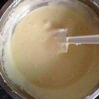 剩下的蛋白糊挖一勺和蛋黄糊混合，翻拌均匀，再把混合好的糊糊倒进剩下的蛋白糊里面，全部拌好。

