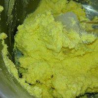 黄油，两个蛋黄，木糖醇一起打发，然后筛入低粉，用刮刀搅拌，使面粉和黄油充分混合。