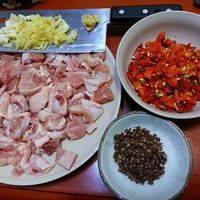 鸡肉切丁，辣椒剪成段，姜葱切粒
